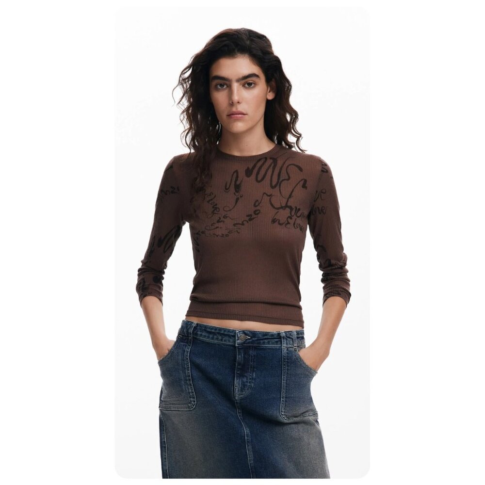 * Desigual Brown Long Sleeve T-Shirt w/ Letters sz XL